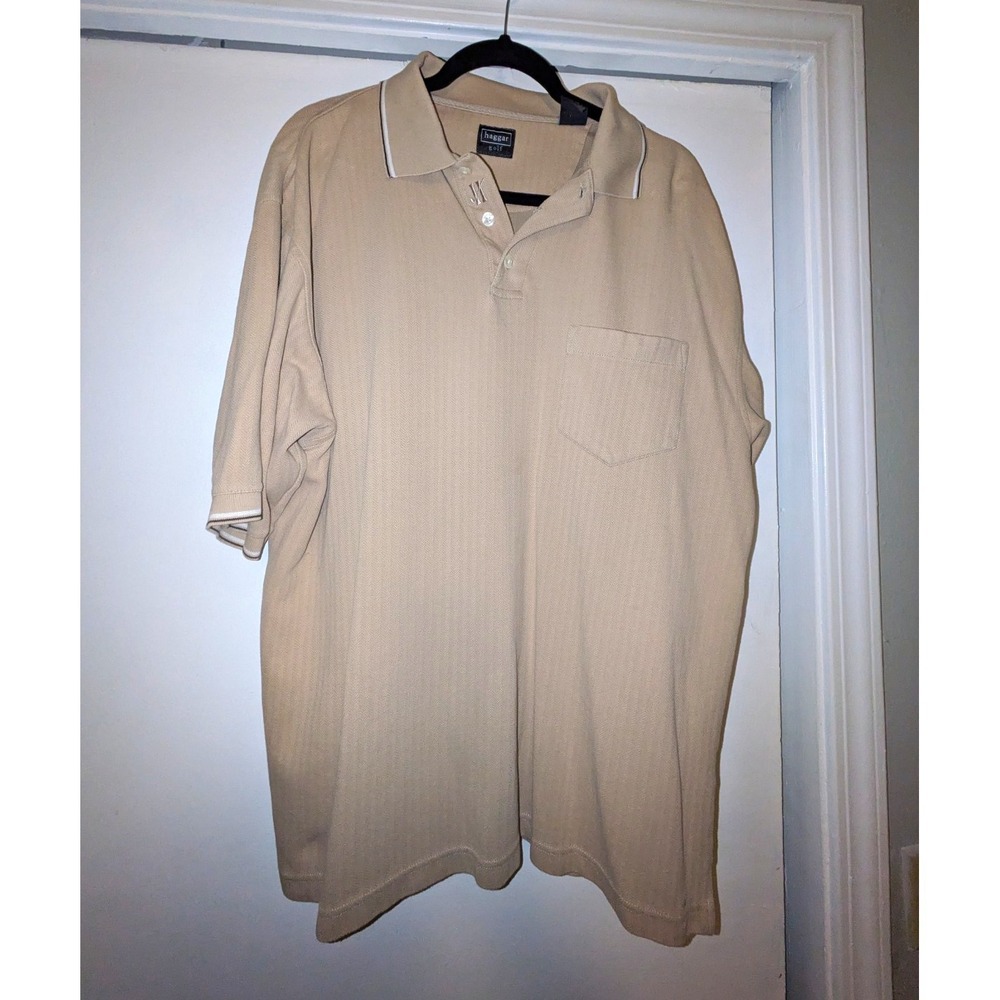 Haggar Golf Men's Beige Polo Shirt L/G Short Sleeve Pocket Cotton Blend